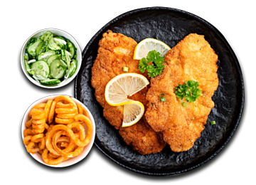 Meister-Schnitzel mit Curly Fries