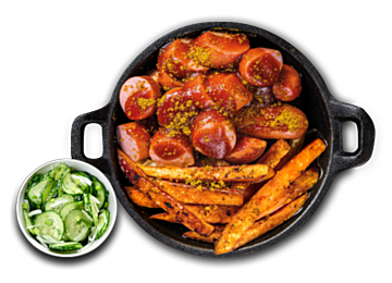 Riesen Currywurst mit Süßkartoffel Fries